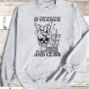 Drink Caffeine And Cuss Funny Skull Gray Crewneck Sweatshirt